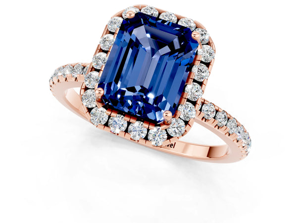 Rose gold Emerald Cut Blue Sapphire Halo Ring with Round Pavé Band and Prong Setting