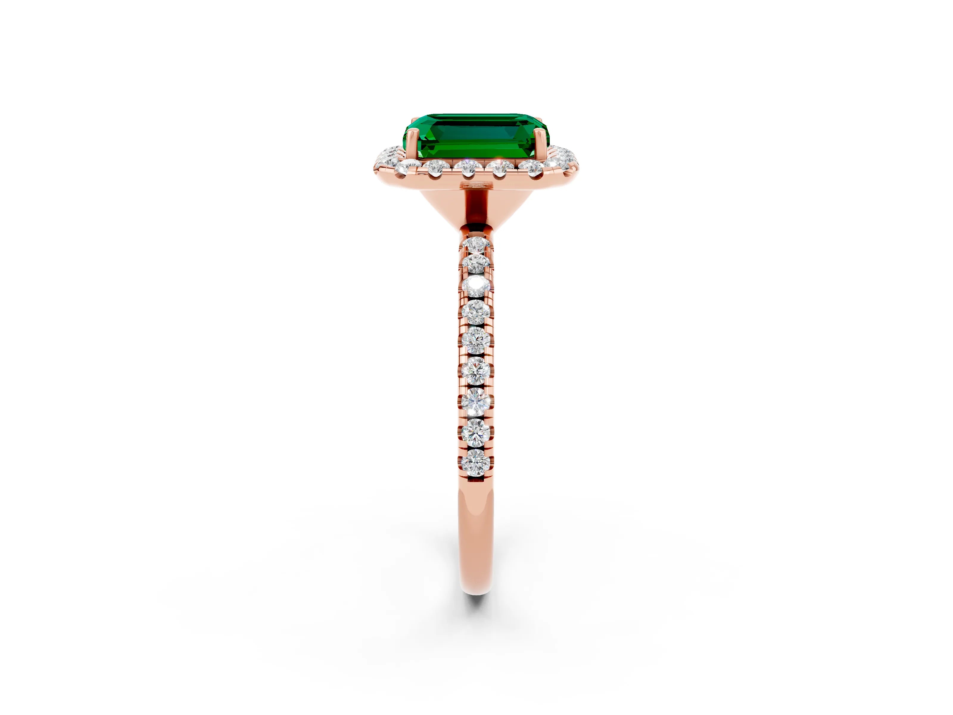 Rose gold Emerald Cut Halo Round Diamond Pavé Band Four-Prong Ring_2