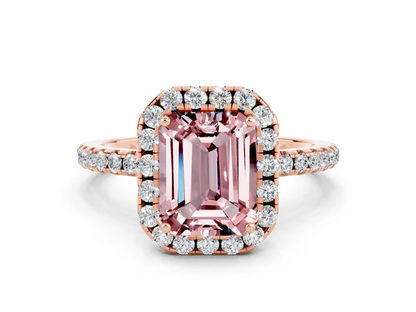 Rose gold Emerald Cut Halo Round Diamond Pavé Band Four-Prong Ring