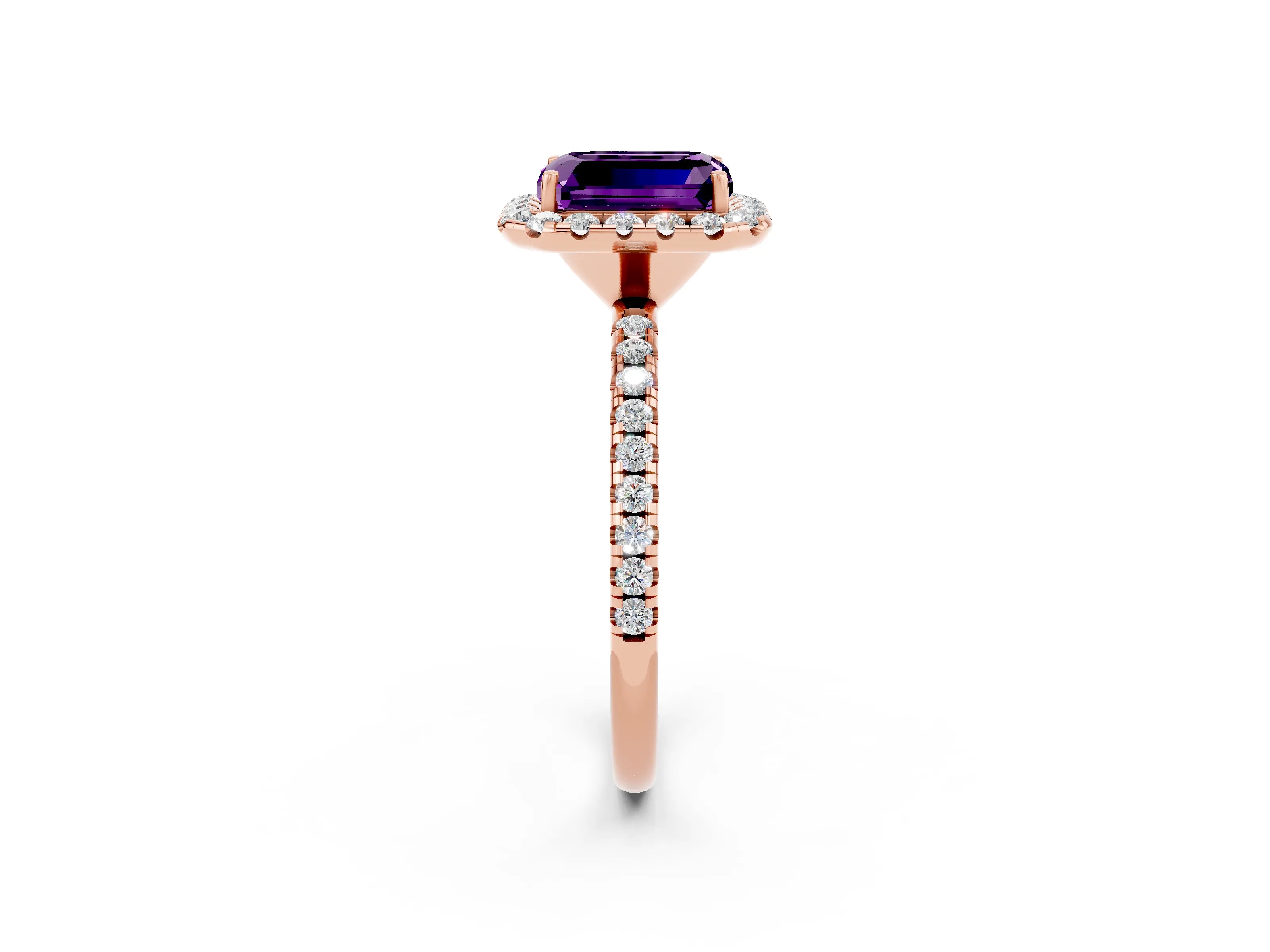 Rose gold Emerald Cut Halo Round Diamond Pavé Band Four-Prong Ring_2