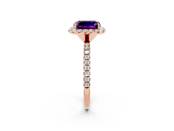 Rose gold Emerald Cut Amethyst Halo Ring with Round Pavé Band and Prong Setting