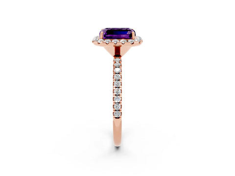 Rose gold Emerald Cut Halo Round Diamond Pavé Band Four-Prong Ring_2