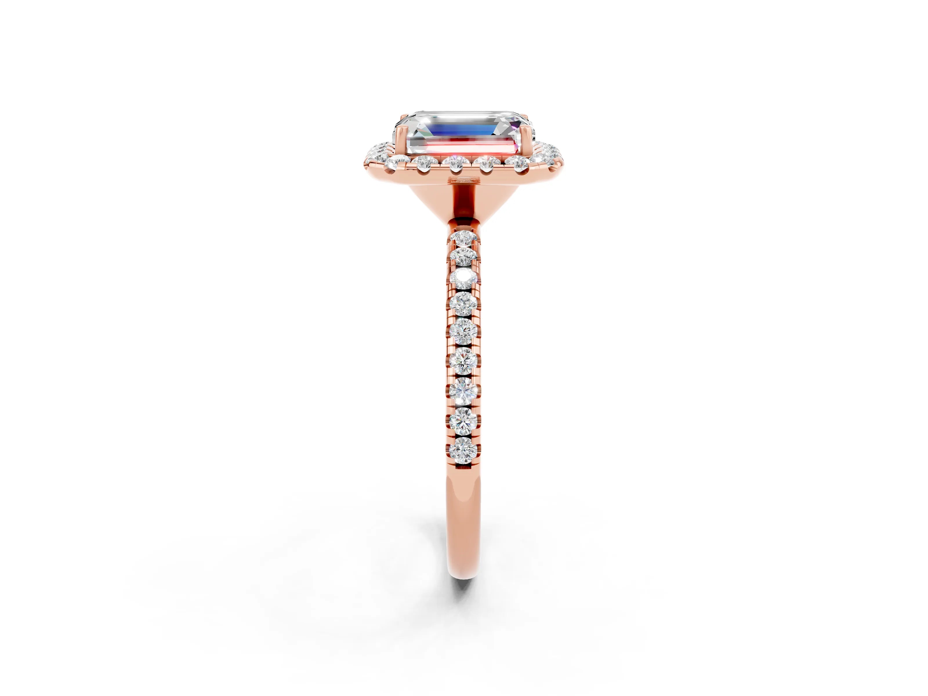 Rose gold Emerald Cut Halo Round Diamond Pavé Band Four-Prong Ring_2