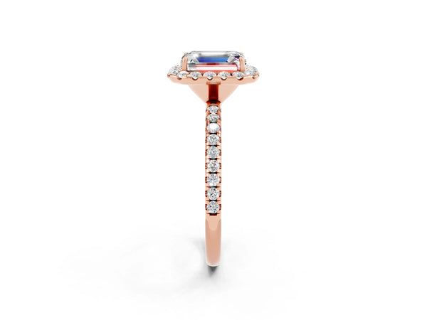 Rose gold Emerald Cut Moissanite Halo Ring with Round Pavé Band and Prong Setting