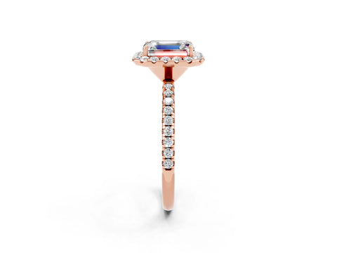 Rose gold Emerald Cut Halo Round Diamond Pavé Band Four-Prong Ring_2