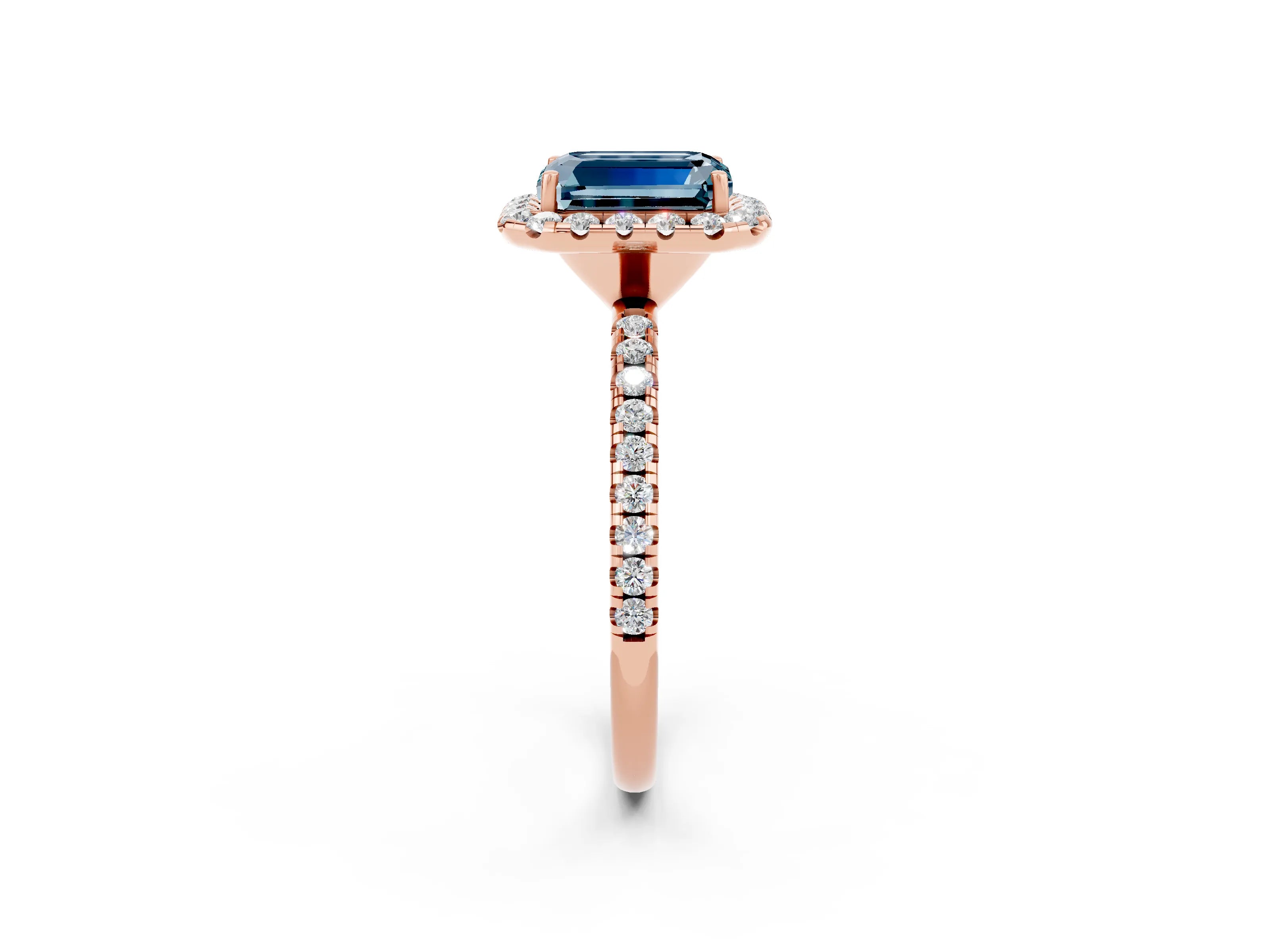 Rose gold Emerald Cut Halo Round Diamond Pavé Band Four-Prong Ring_2