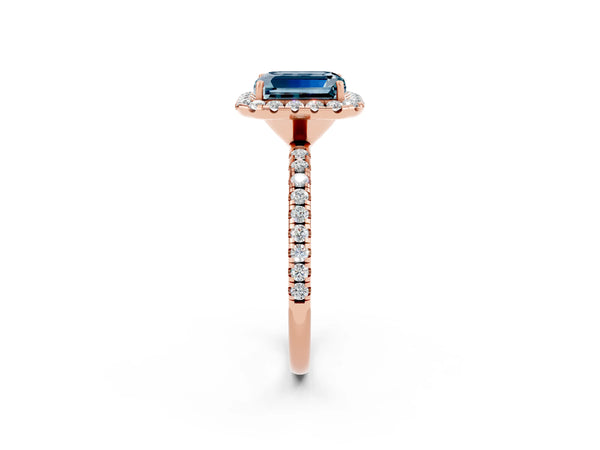 Rose gold Emerald Cut Aquamarine Halo Ring with Round Pavé Band and Prong Setting