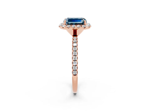 Rose gold Emerald Cut Halo Round Diamond Pavé Band Four-Prong Ring_2