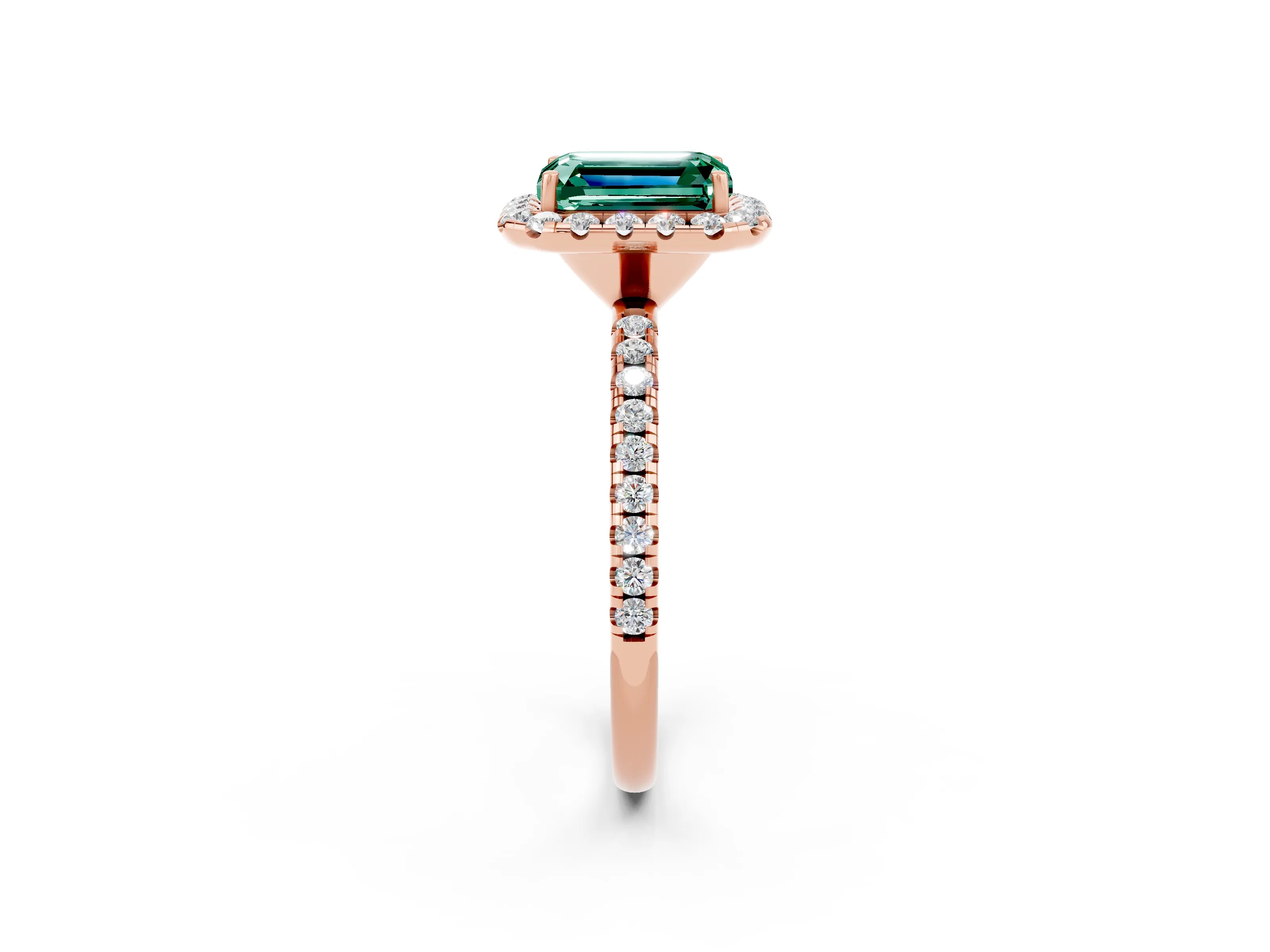 Rose gold Emerald Cut Halo Round Diamond Pavé Band Four-Prong Ring_2