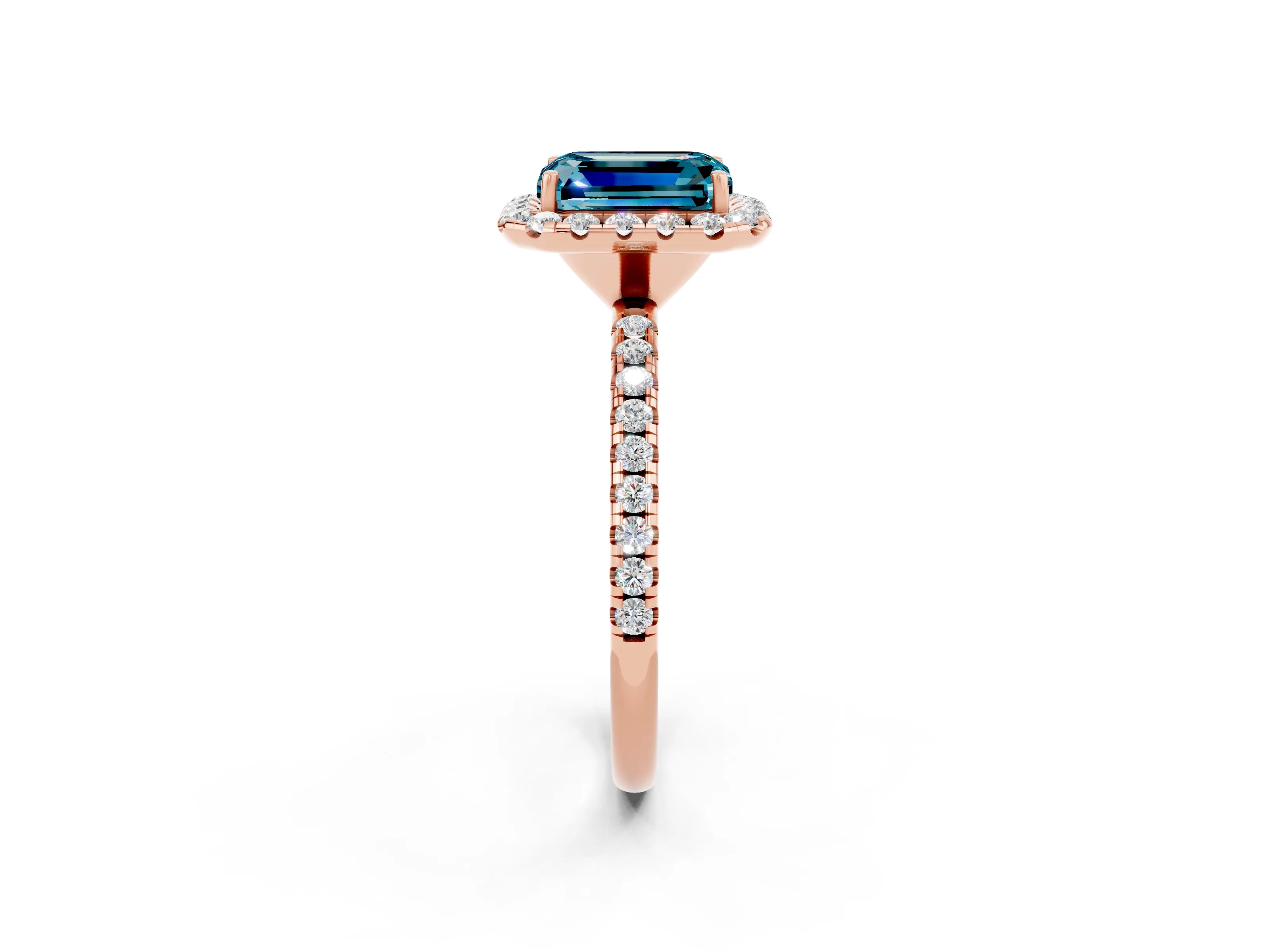 Rose gold Emerald Cut Halo Round Diamond Pavé Band Four-Prong Ring_2