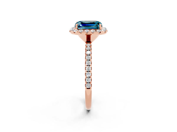 Rose gold Emerald Cut Halo Round Diamond Pavé Band Four-Prong Ring