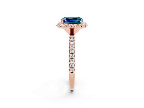 Rose gold Emerald Cut Halo Round Diamond Pavé Band Four-Prong Ring_2