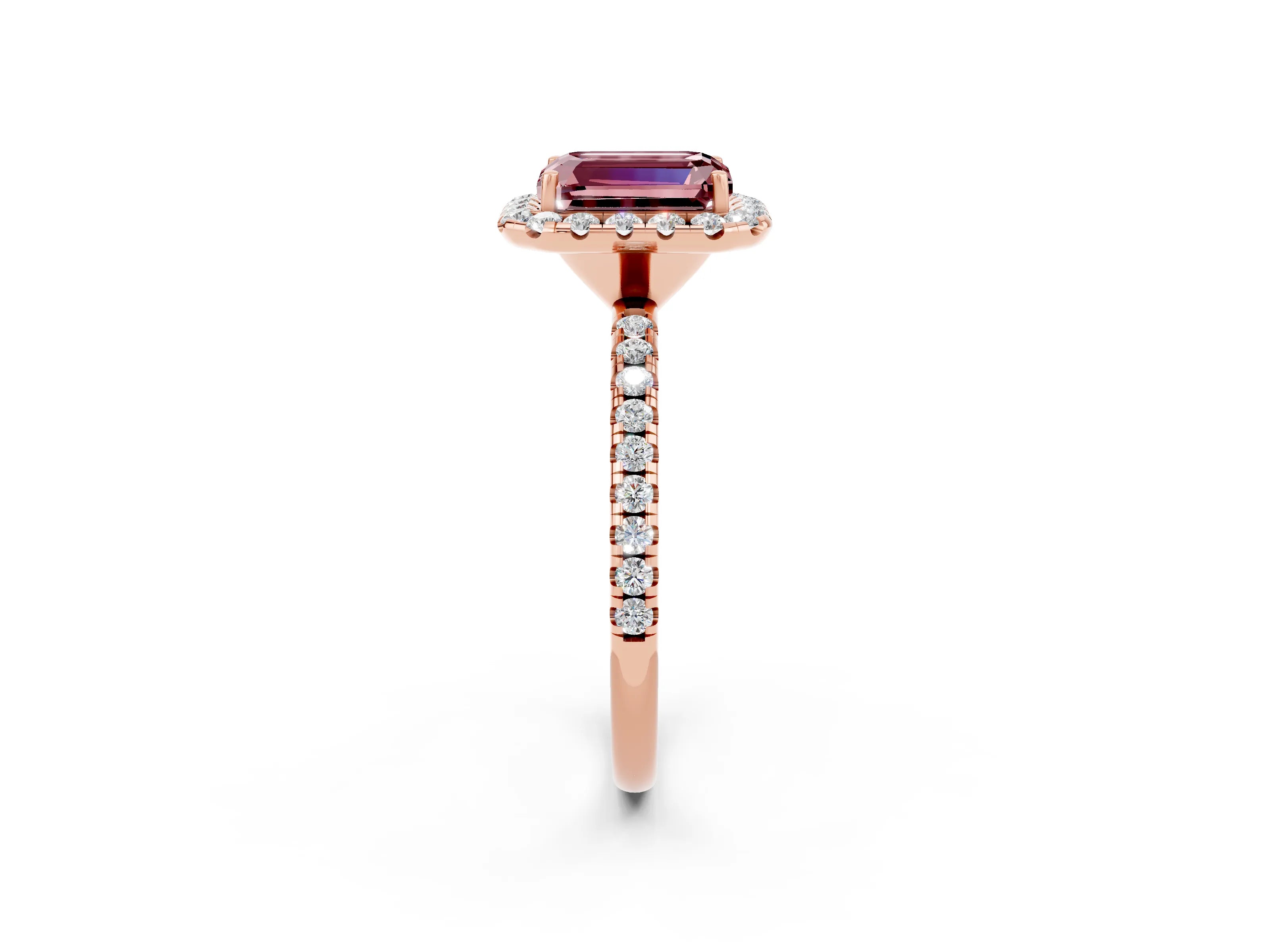 Rose gold Emerald Cut Halo Round Diamond Pavé Band Four-Prong Ring_2