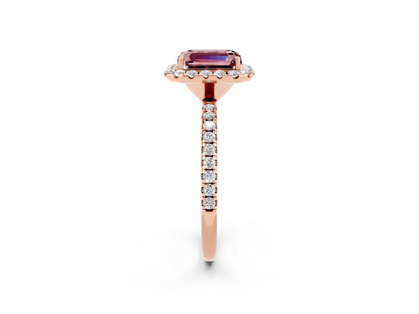 Rose gold Emerald Cut Halo Round Diamond Pavé Band Four-Prong Ring