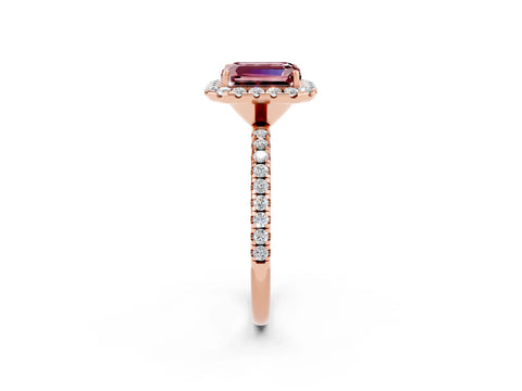 Rose gold Emerald Cut Halo Round Diamond Pavé Band Four-Prong Ring_2