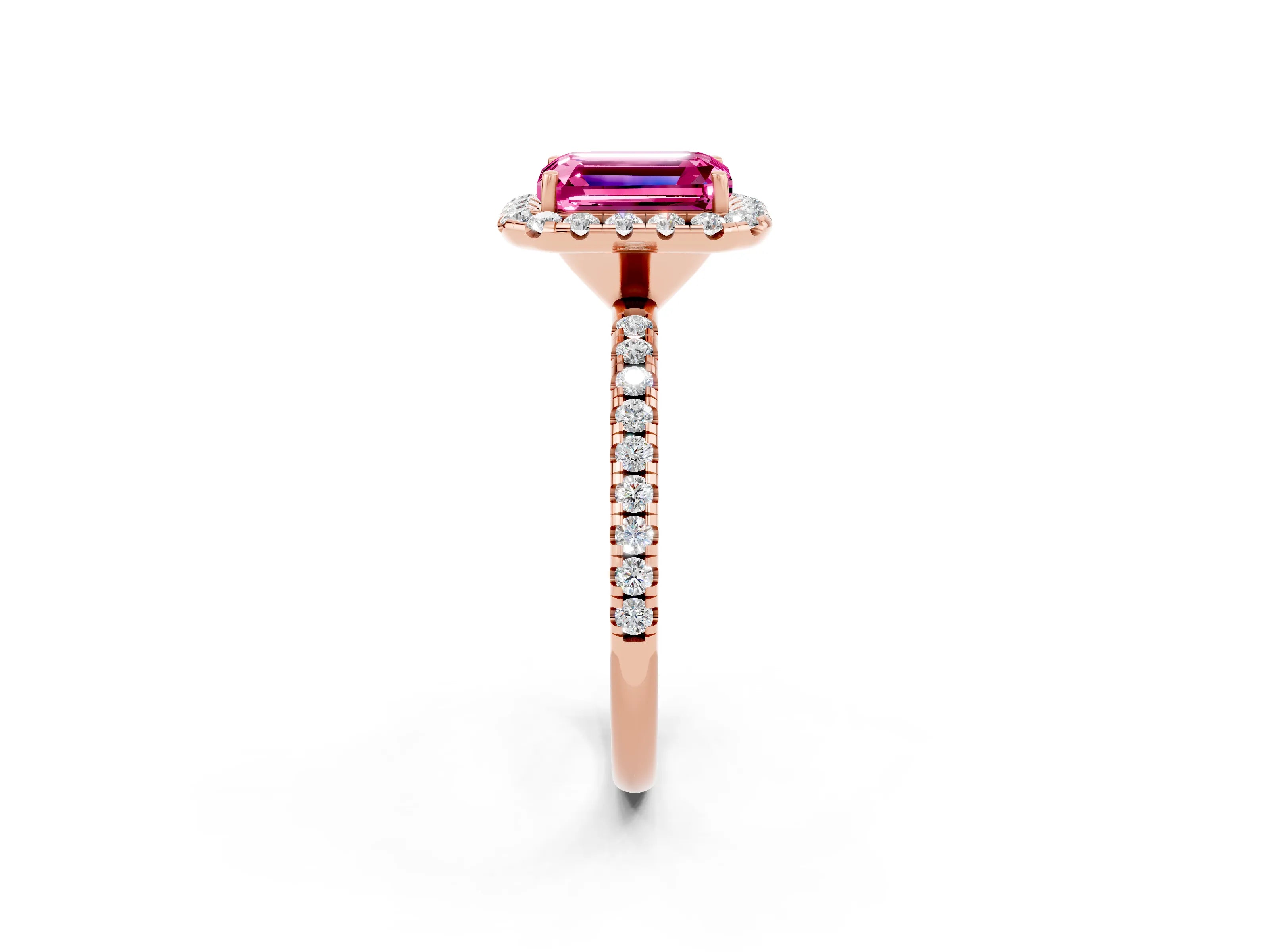 Rose gold Emerald Cut Halo Round Diamond Pavé Band Four-Prong Ring_2
