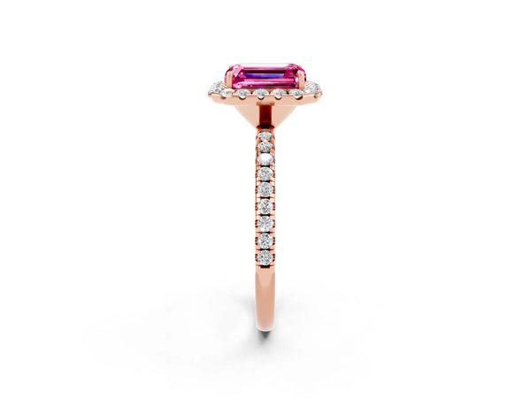Rose gold Emerald Cut Pink Sapphire Halo Ring with Round Pavé Band and Prong Setting
