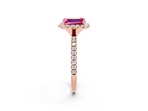 Rose gold Emerald Cut Halo Round Diamond Pavé Band Four-Prong Ring_2