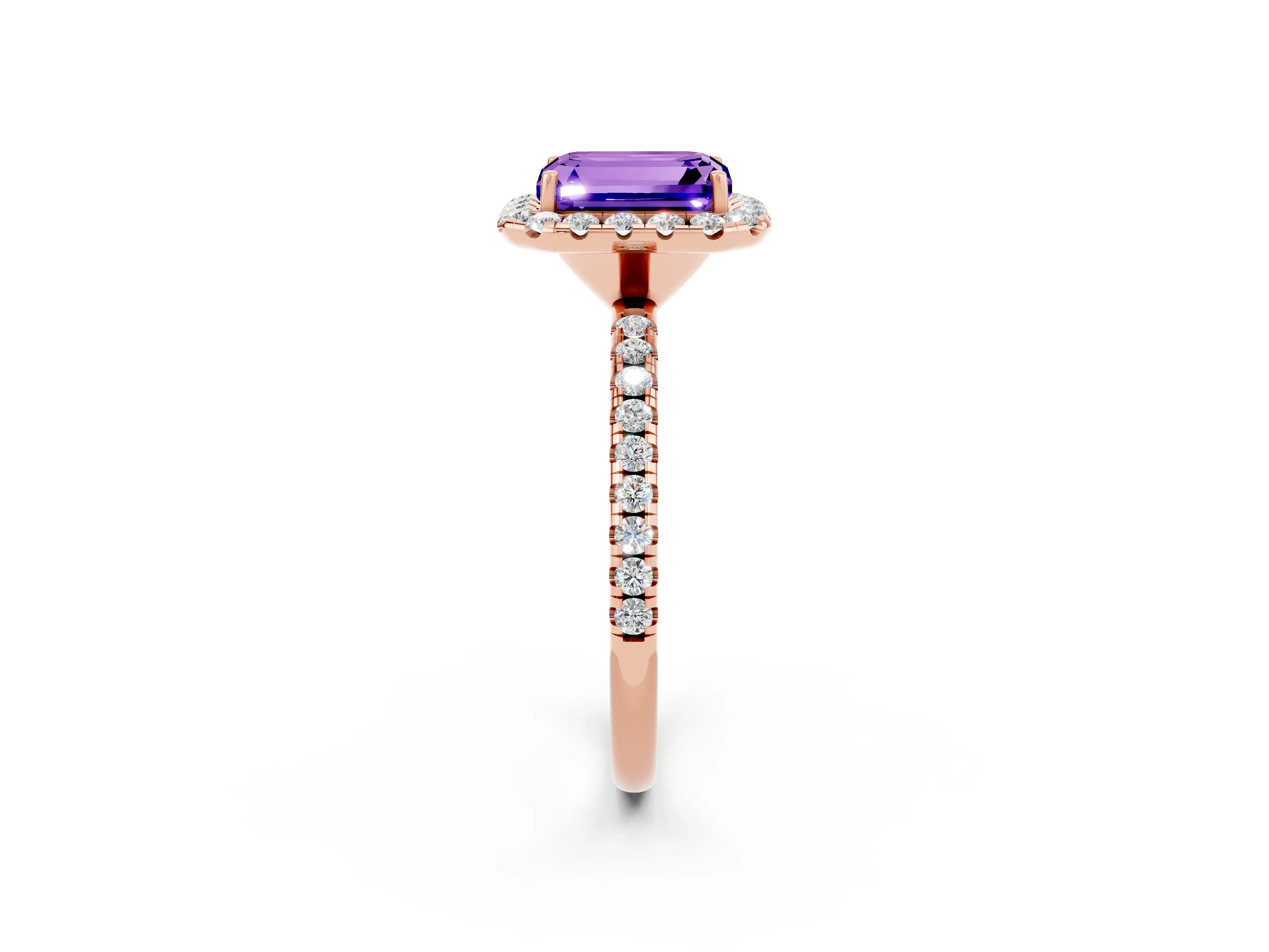 Rose gold Emerald Cut Halo Round Diamond Pavé Band Four-Prong Ring_2