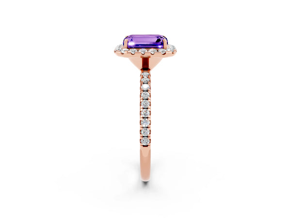 Rose gold Emerald Cut Tanzanite Halo Ring with Round Pavé Band and Prong Setting