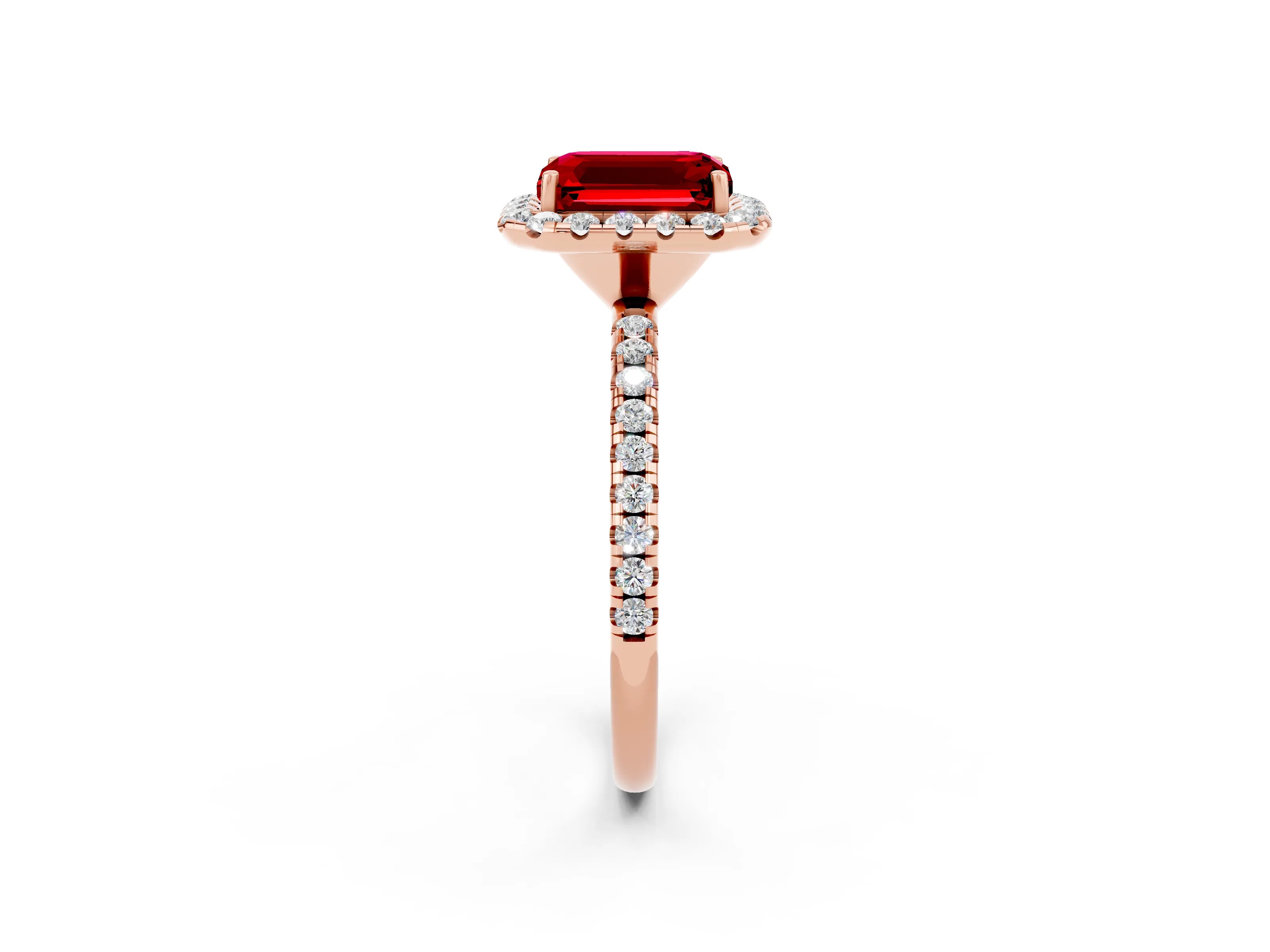 Rose gold Emerald Cut Halo Round Diamond Pavé Band Four-Prong Ring_2