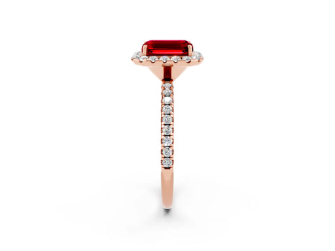 Rose gold Emerald Cut Halo Round Diamond Pavé Band Four-Prong Ring_2
