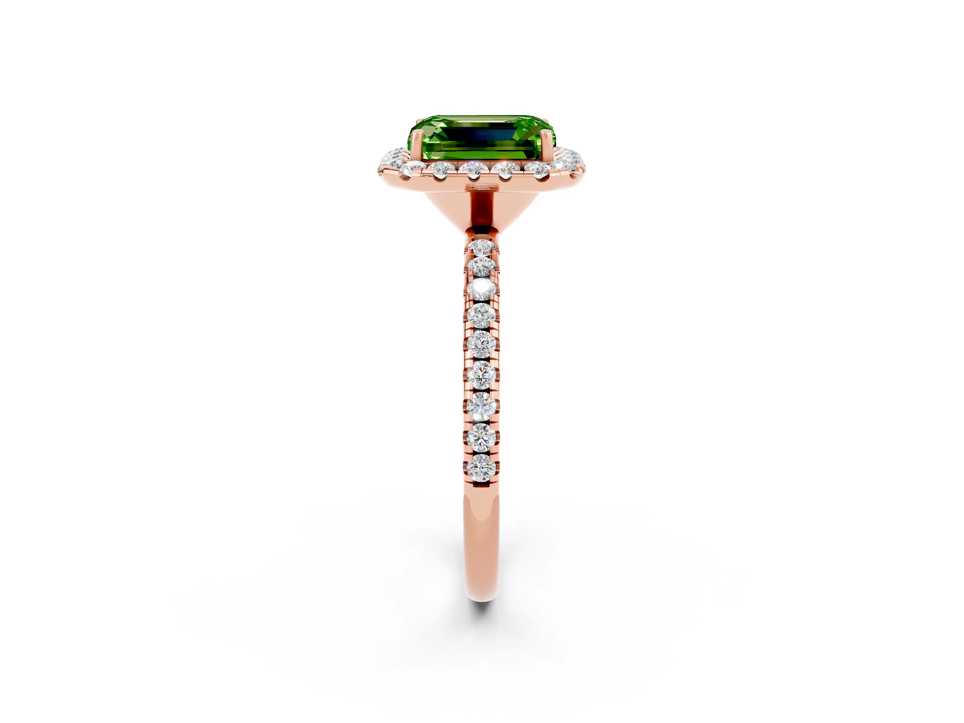 Rose gold Emerald Cut Halo Round Diamond Pavé Band Four-Prong Ring_2