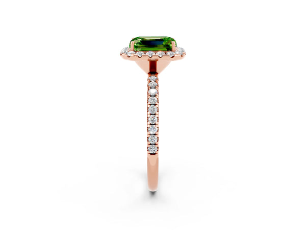Rose gold Emerald Cut Halo Round Diamond Pavé Band Four-Prong Ring
