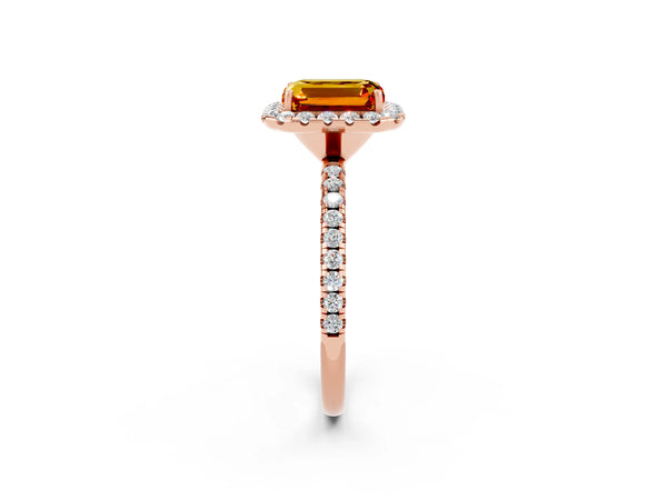 Rose gold Emerald Cut Citrine Halo Ring with Round Pavé Band and Prong Setting