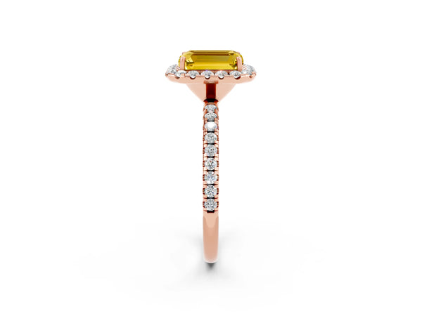 Rose gold Emerald Cut Yellow Sapphire Halo Ring with Round Pavé Band and Prong Setting
