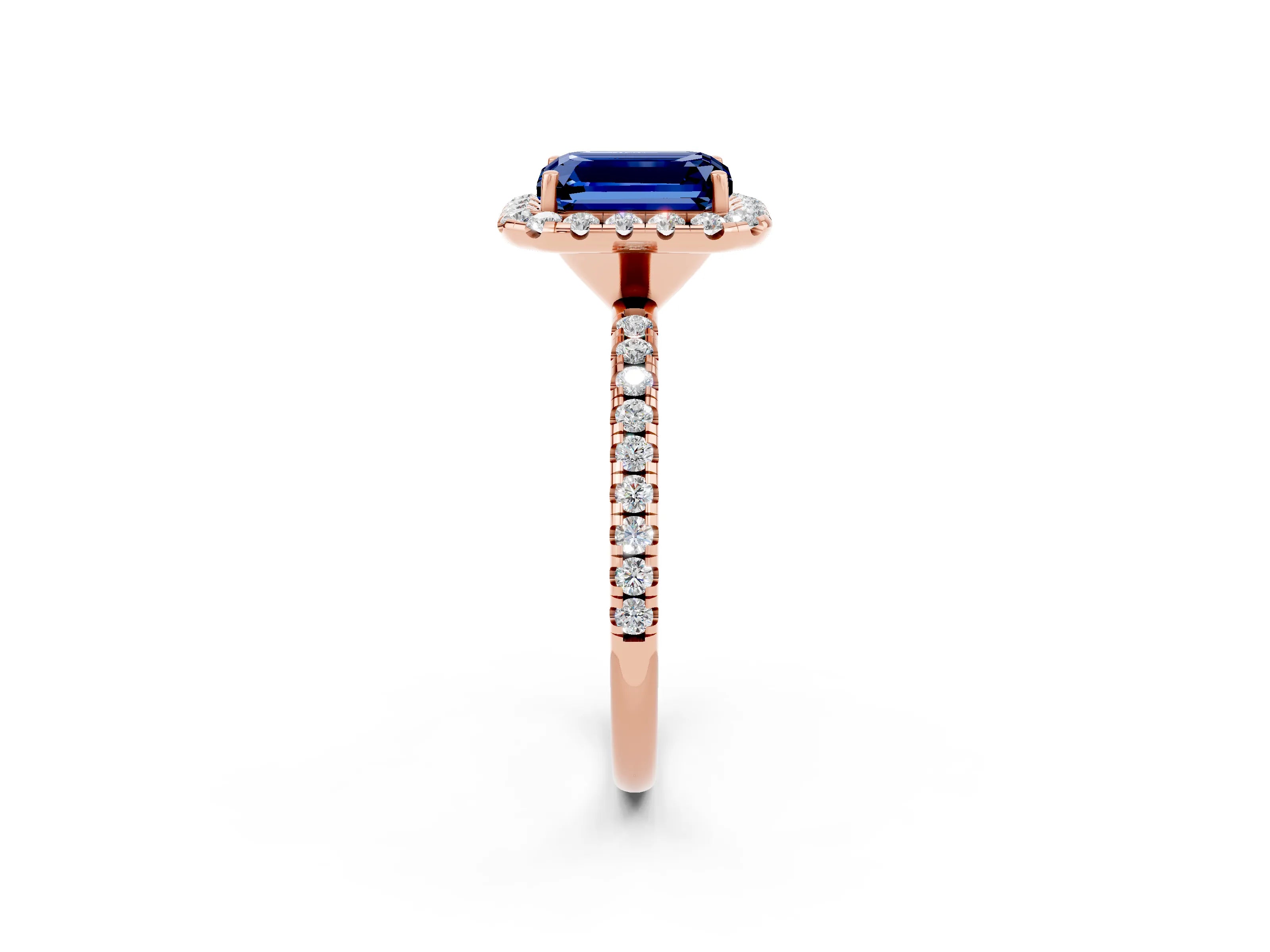 Rose gold Emerald Cut Halo Round Diamond Pavé Band Four-Prong Ring_2