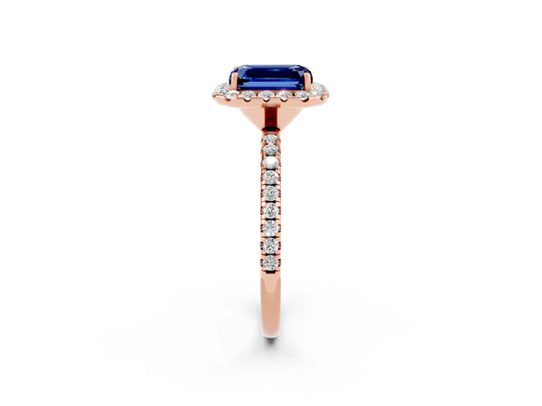 Rose gold Emerald Cut Blue Sapphire Halo Ring with Round Pavé Band and Prong Setting