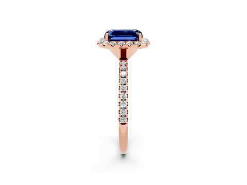 Rose gold Emerald Cut Halo Round Diamond Pavé Band Four-Prong Ring_2