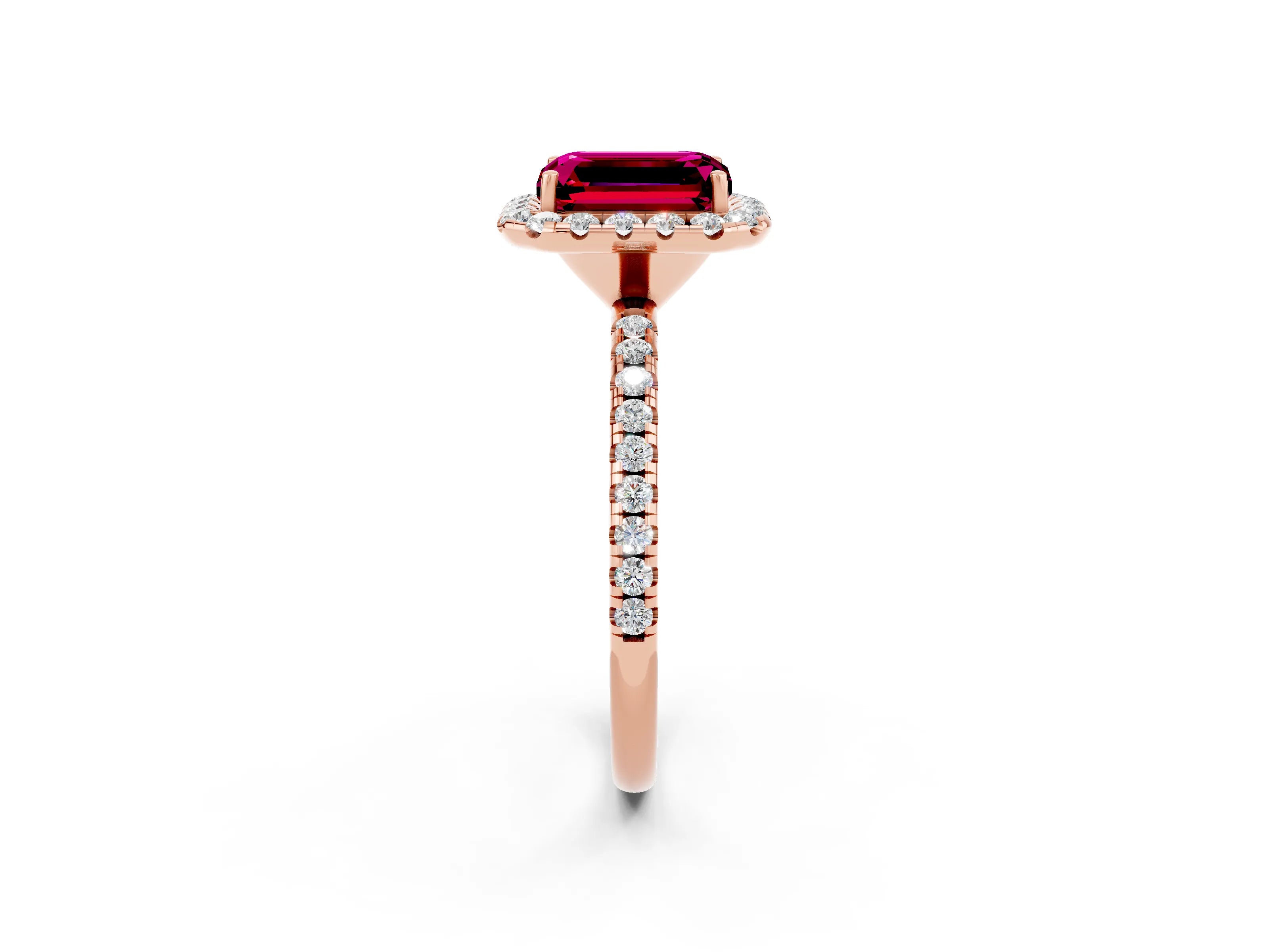 Rose gold Emerald Cut Halo Round Diamond Pavé Band Four-Prong Ring_2