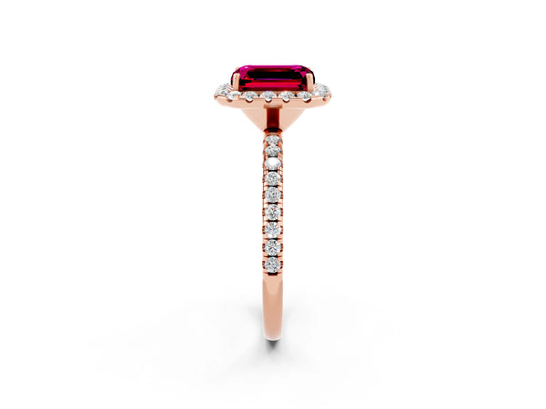 Rose gold Emerald Cut Garnet Halo Ring with Round Pavé Band and Prong Setting