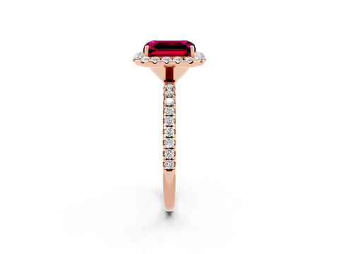 Rose gold Emerald Cut Halo Round Diamond Pavé Band Four-Prong Ring_2