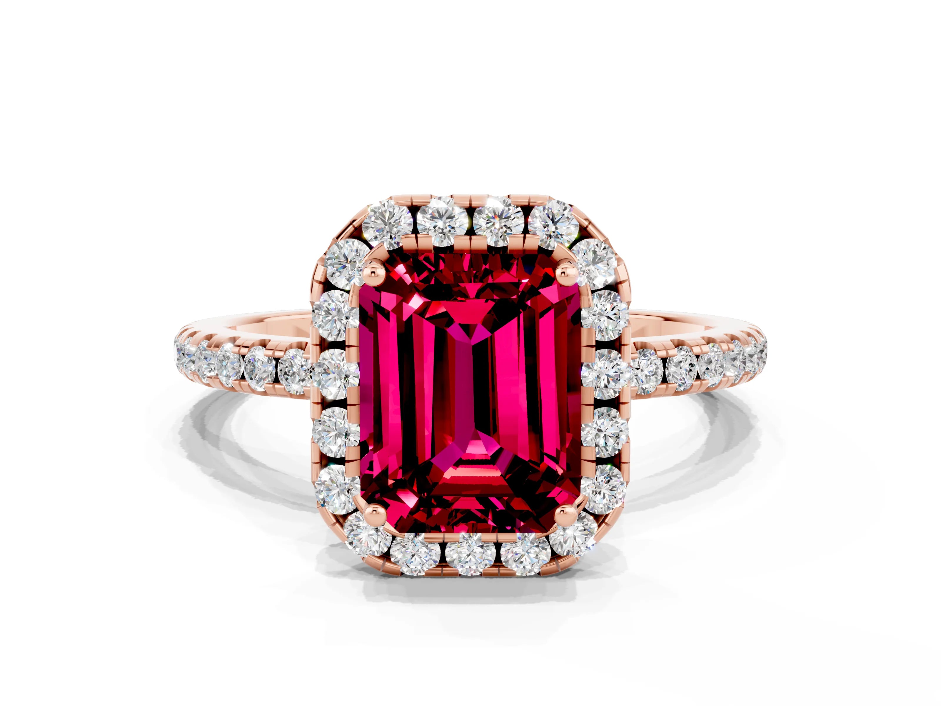Rose gold Emerald Cut Halo Round Diamond Pavé Band Four-Prong Ring