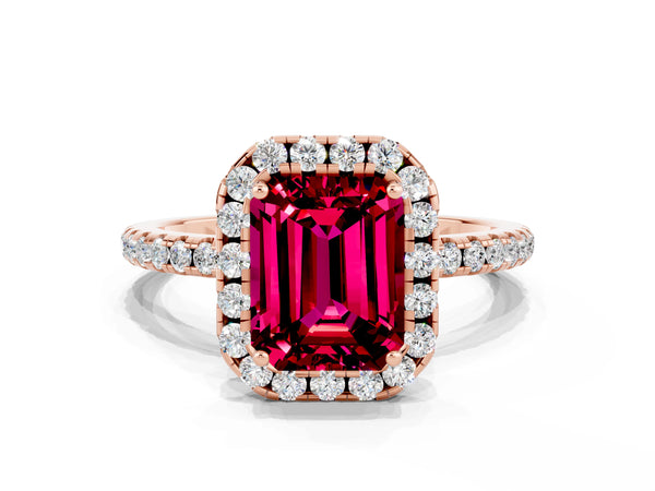 Rose gold Emerald Cut Garnet Halo Ring with Round Pavé Band and Prong Setting