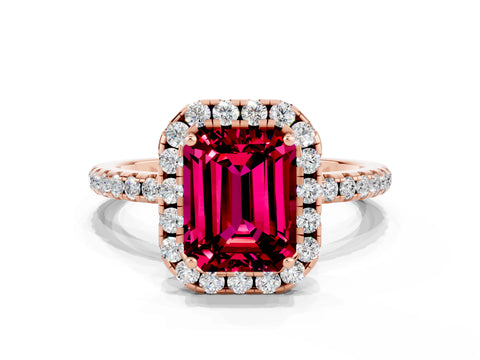 Rose gold Emerald Cut Halo Round Diamond Pavé Band Four-Prong Ring
