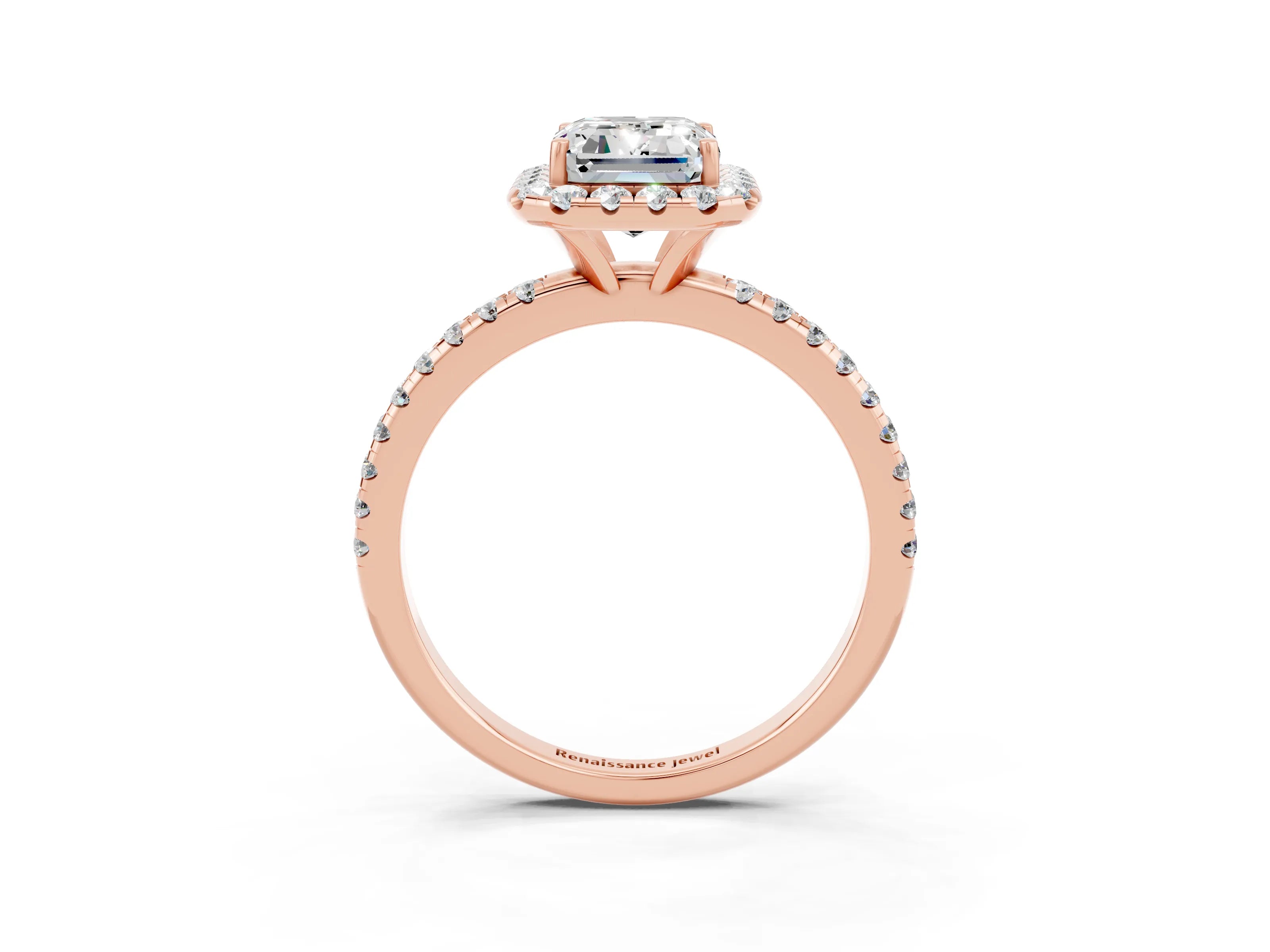 Rose gold Emerald Cut Halo Round Diamond Pavé Band Four-Prong Ring_3