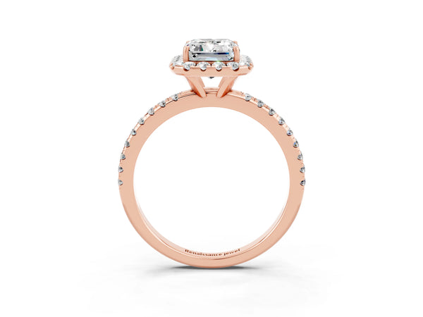 Rose gold Emerald Cut Moissanite Halo Ring with Round Pavé Band and Prong Setting