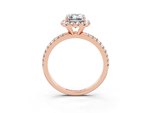 Rose gold Emerald Cut Halo Round Diamond Pavé Band Four-Prong Ring_3