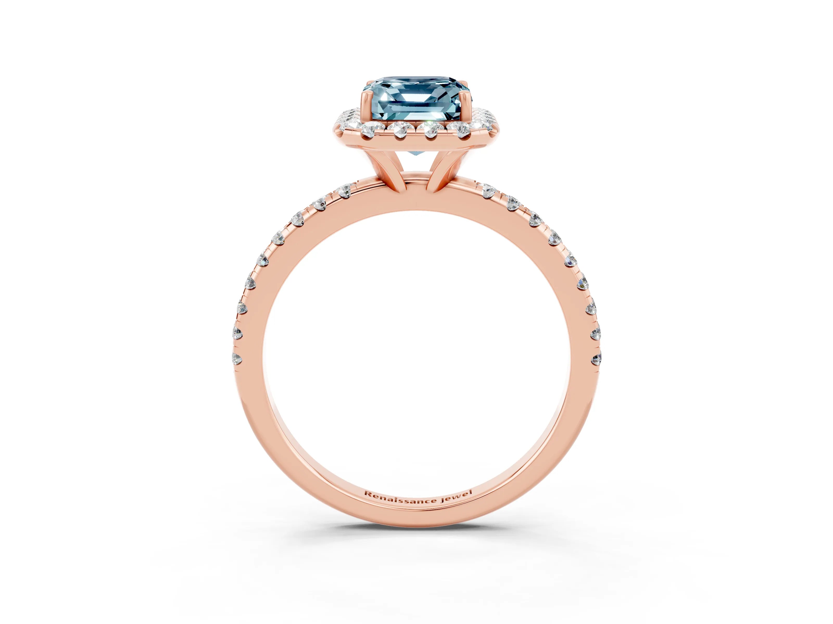 Rose gold Emerald Cut Halo Round Diamond Pavé Band Four-Prong Ring_3