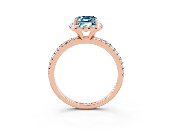 Rose gold Emerald Cut Aquamarine Halo Ring with Round Pavé Band and Prong Setting