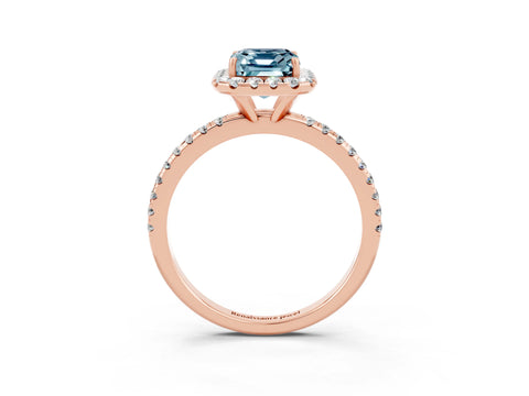 Rose gold Emerald Cut Halo Round Diamond Pavé Band Four-Prong Ring_3