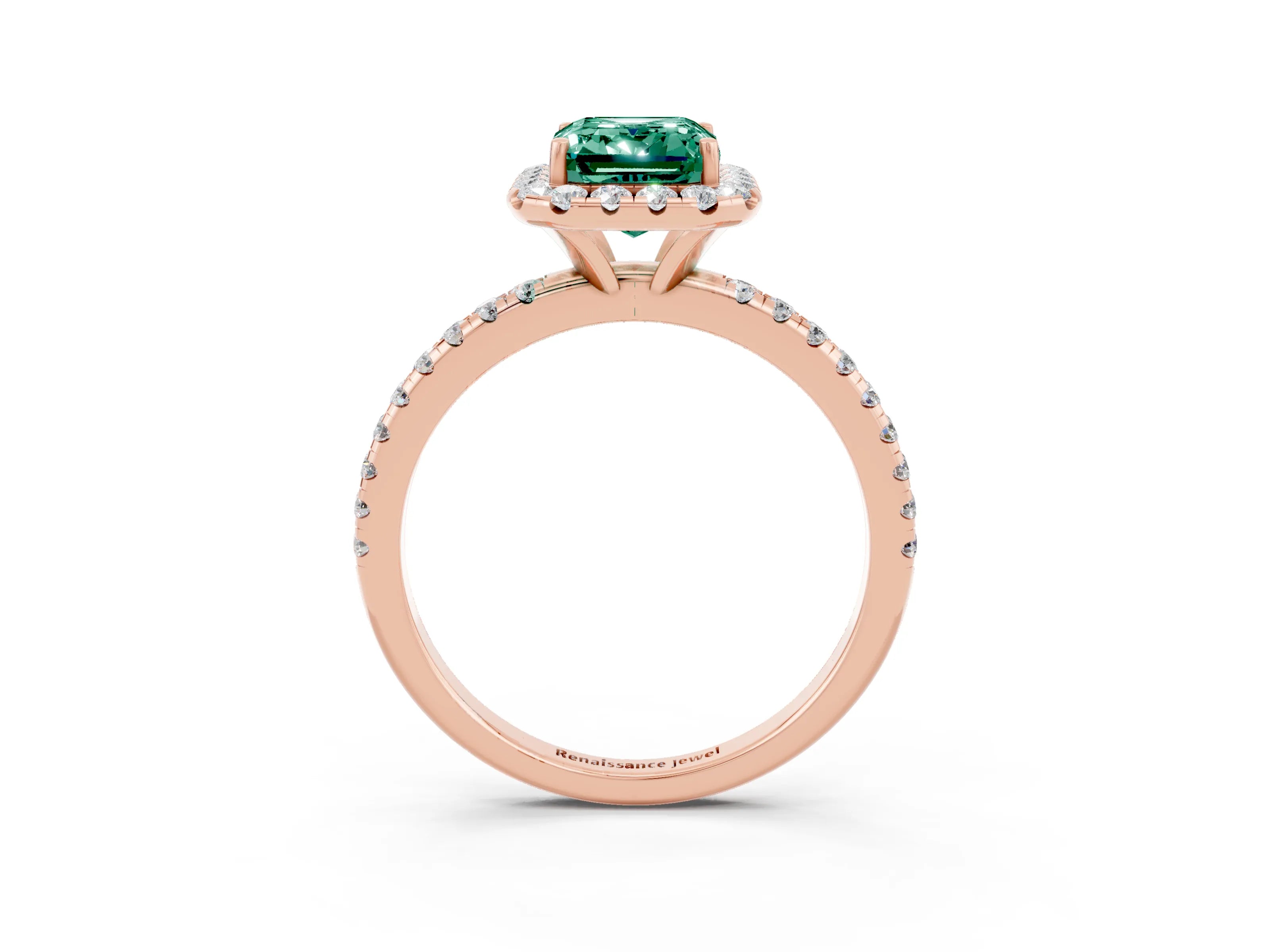 Rose gold Emerald Cut Halo Round Diamond Pavé Band Four-Prong Ring_3
