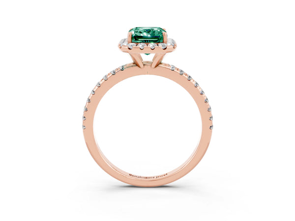 Rose gold Emerald Cut Green Sapphire Halo Ring with Round Pavé Band and Prong Setting