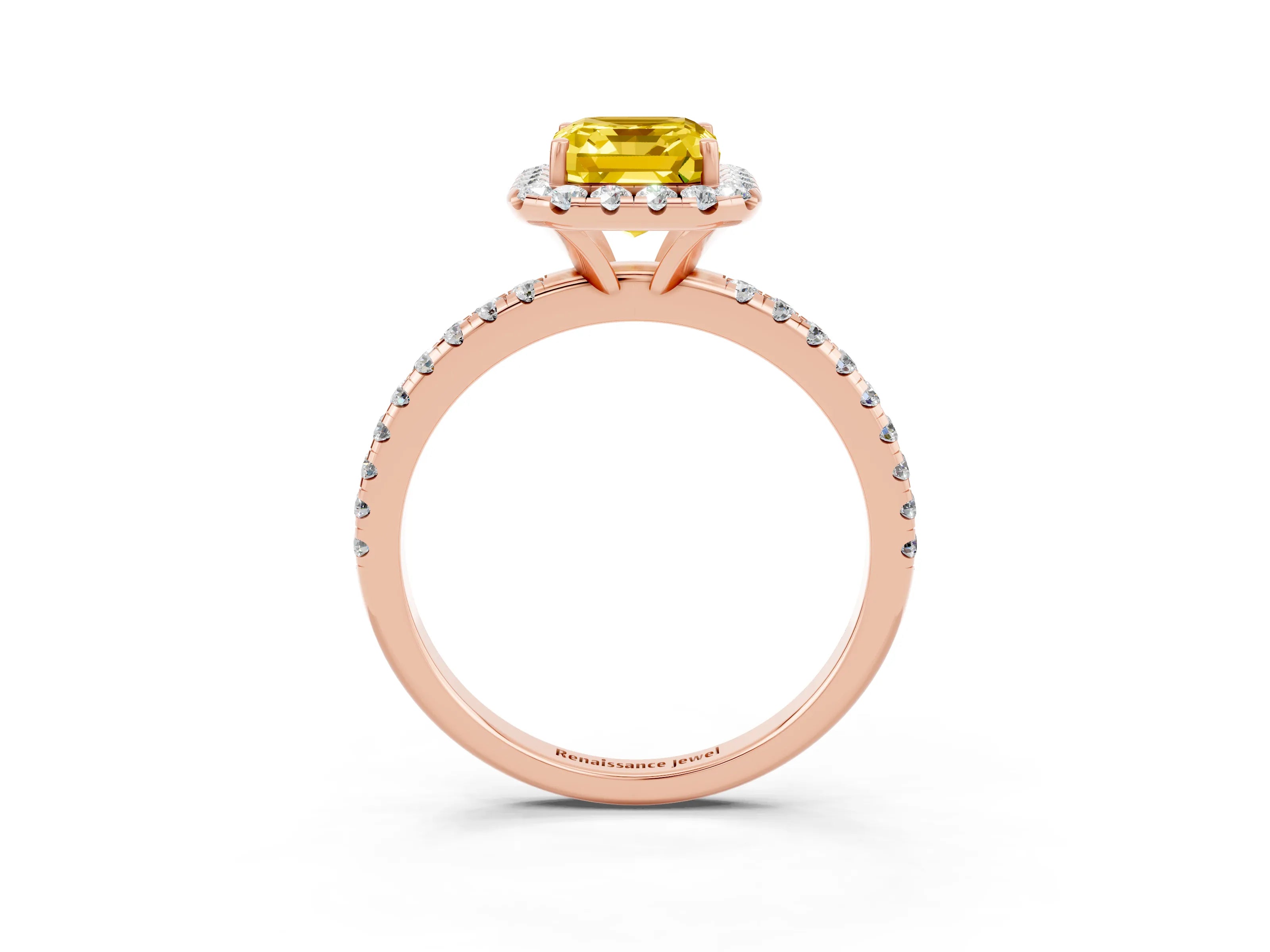 Rose gold Emerald Cut Halo Round Diamond Pavé Band Four-Prong Ring_3