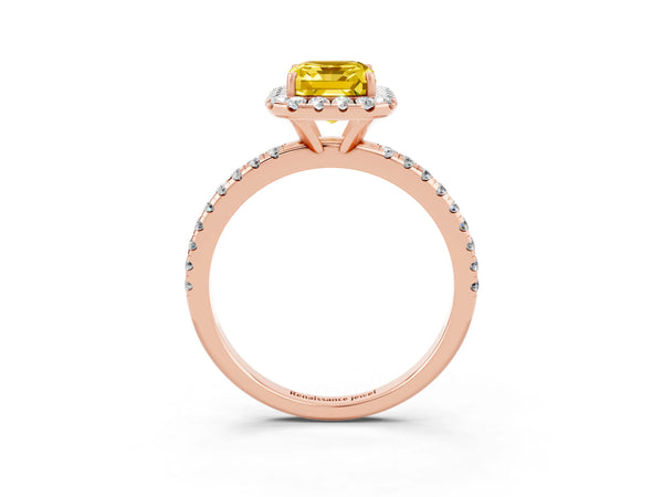 Rose gold Emerald Cut Yellow Sapphire Halo Ring with Round Pavé Band and Prong Setting