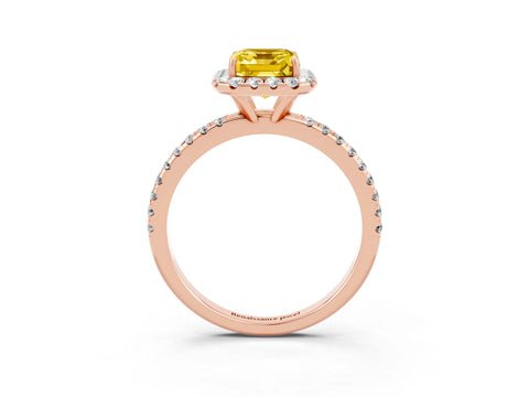 Rose gold Emerald Cut Halo Round Diamond Pavé Band Four-Prong Ring_3